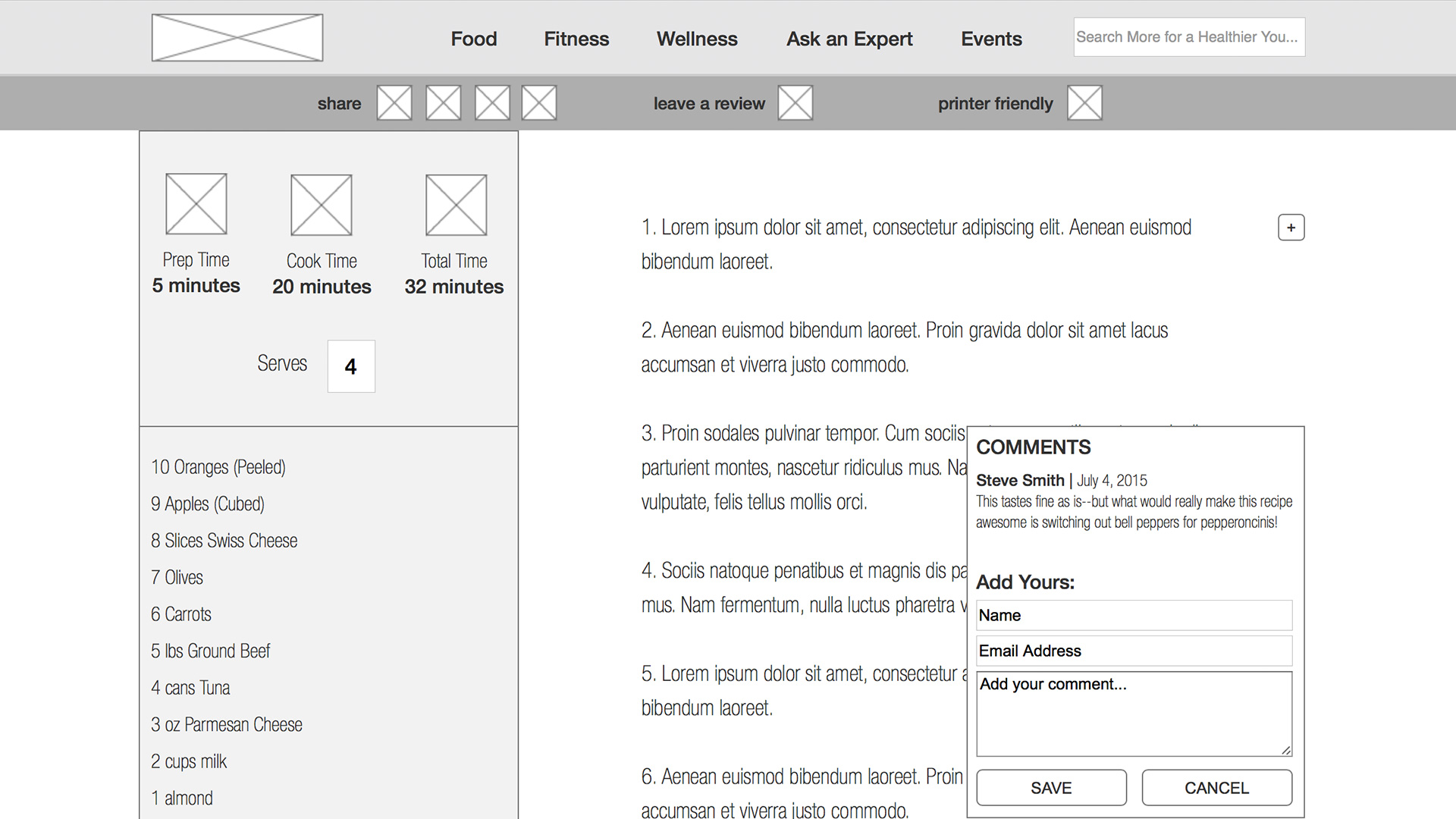 Meijer: Recipe Comment Wireframe
