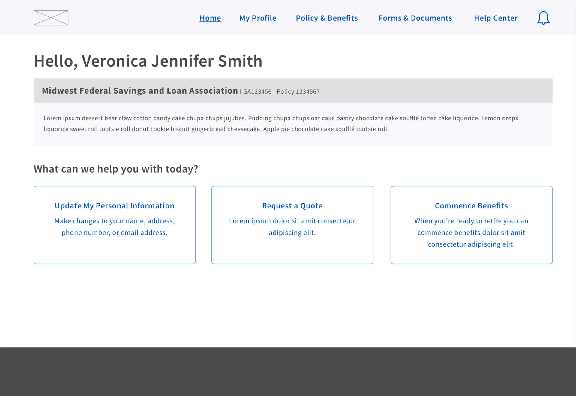 Pensions: Home Page Wireframe (Deferred Participant)