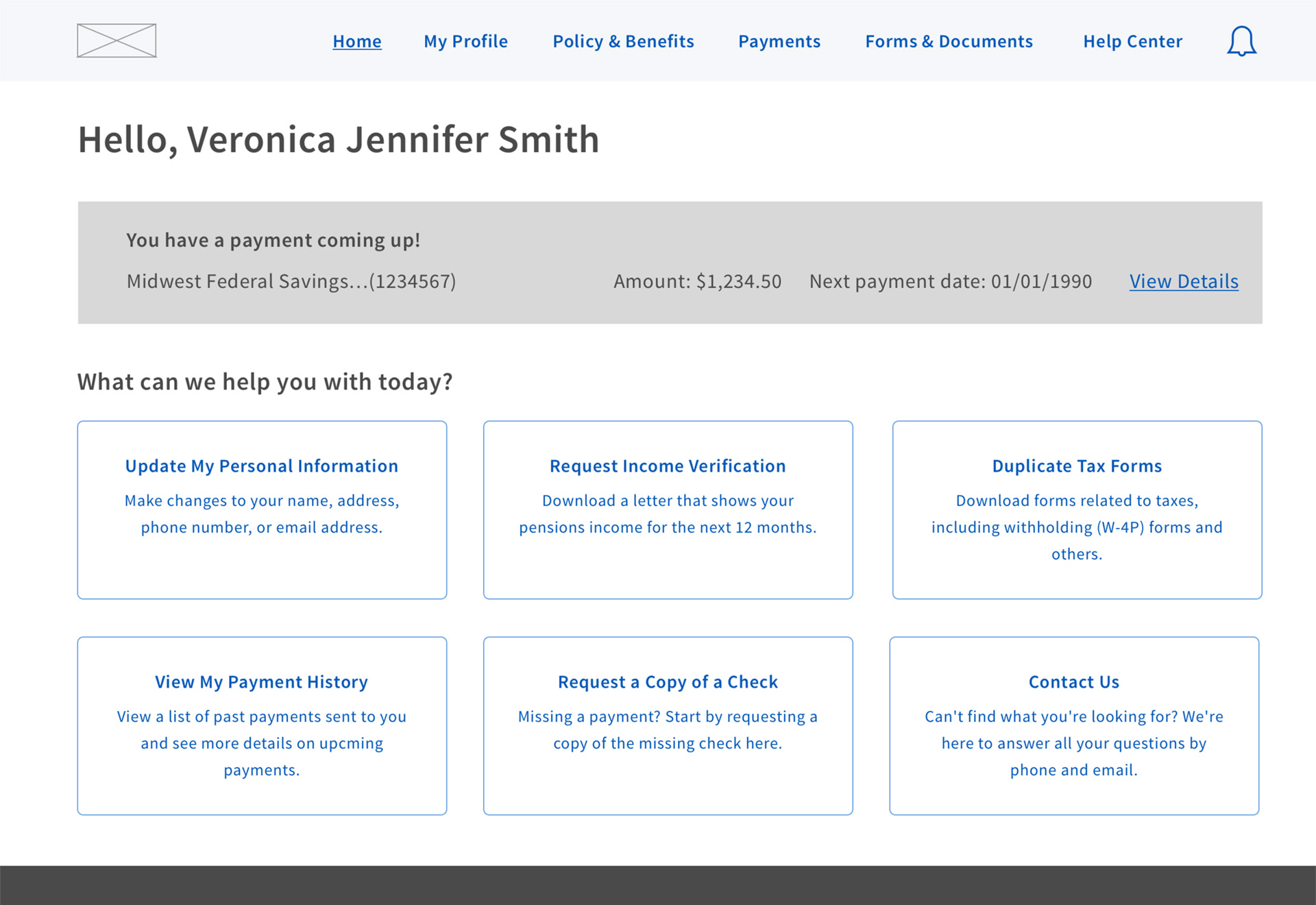 Pensions: Home Page Wireframe (Immediate Participant)