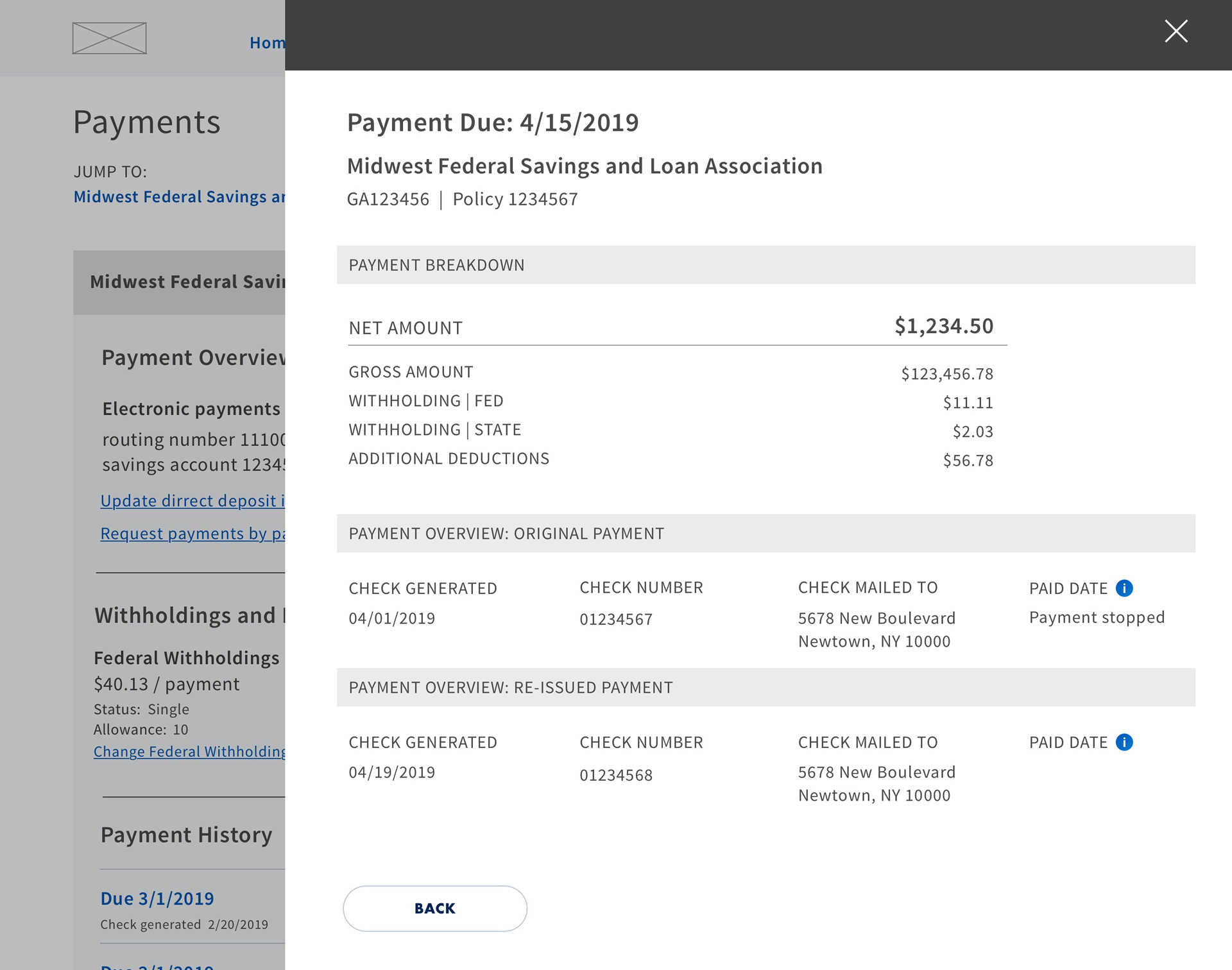 Pensions: Payment Details Wireframe